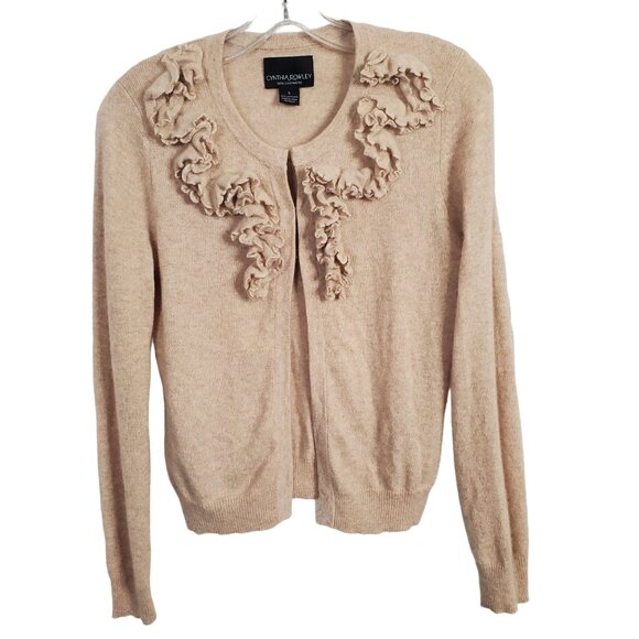 Cynthia Rowley Size S Sweater Flyaway Cardigan 100% Cashmere Coquette Ruffle Tan - Picture 2 of 9